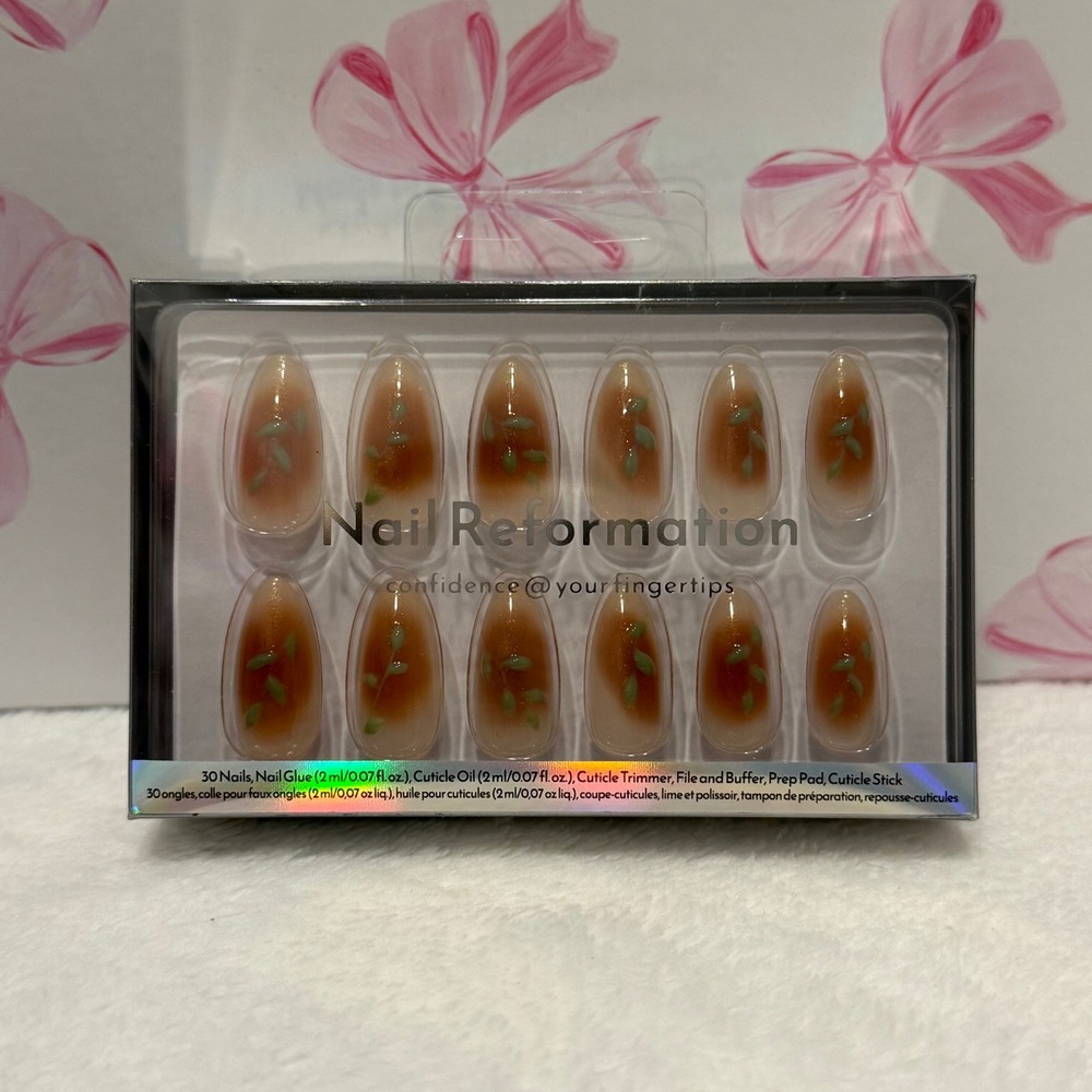 Press On Nails Almond Brown Green Leaf Nail Reformation 30pc